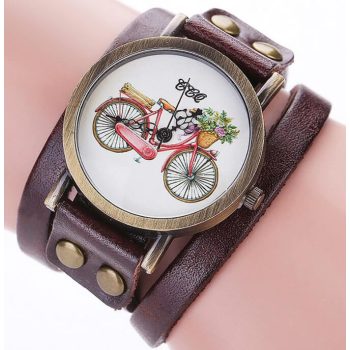 Kerékpáros karóra hosszú bőr pánttal barna színben
