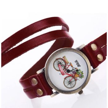 Kerékpáros karóra hosszú bőr pánttal bordó színben